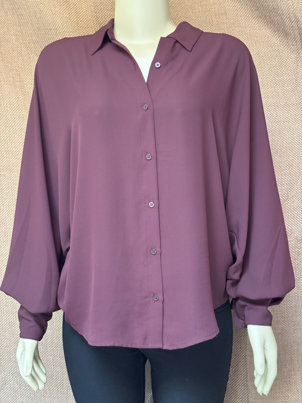 Express Plum Button-Down Blouson Sleeve Shirt